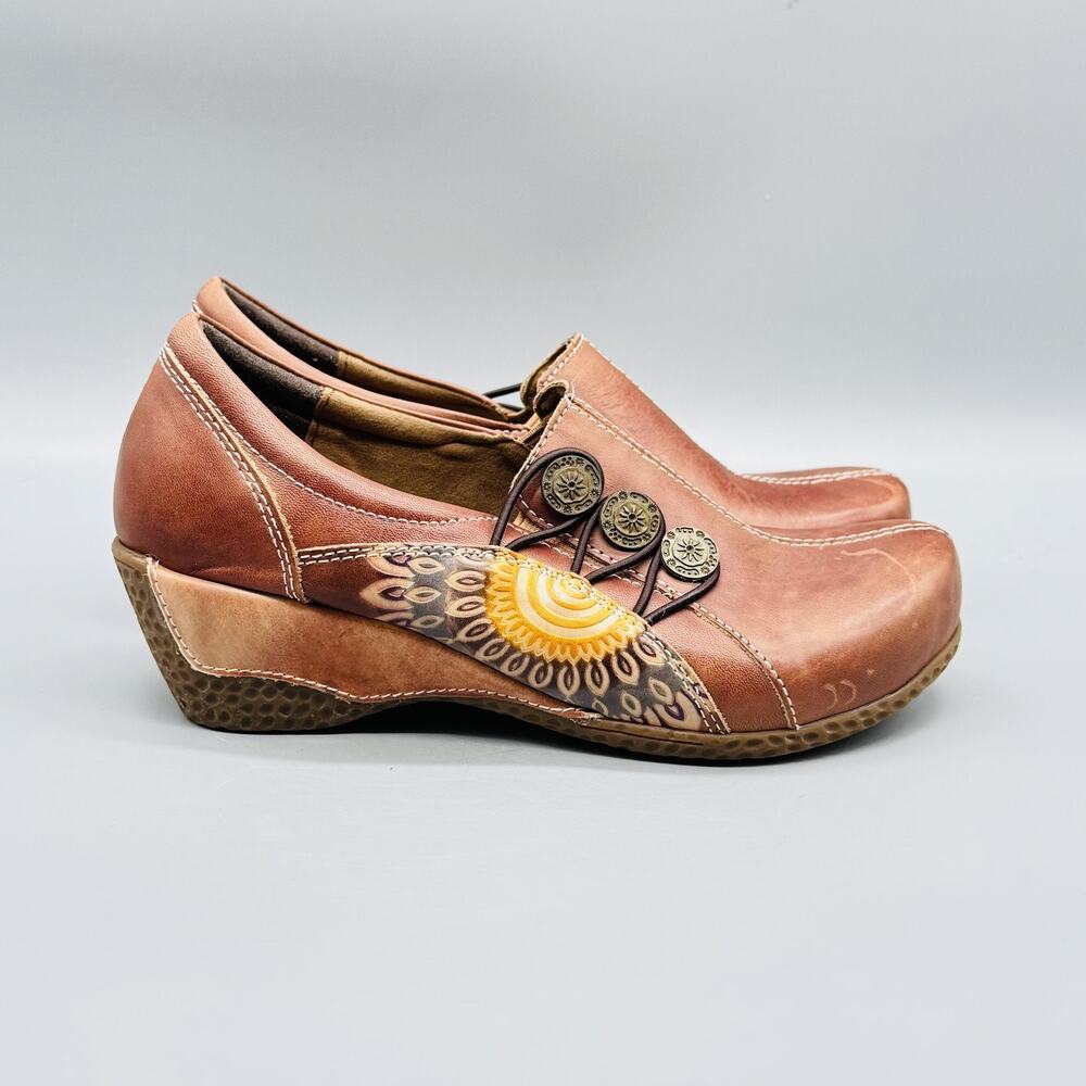 Spring Step L'Artiste Shoes Womens 5 Brown Leather Wedge Clogs Slip On Comfort